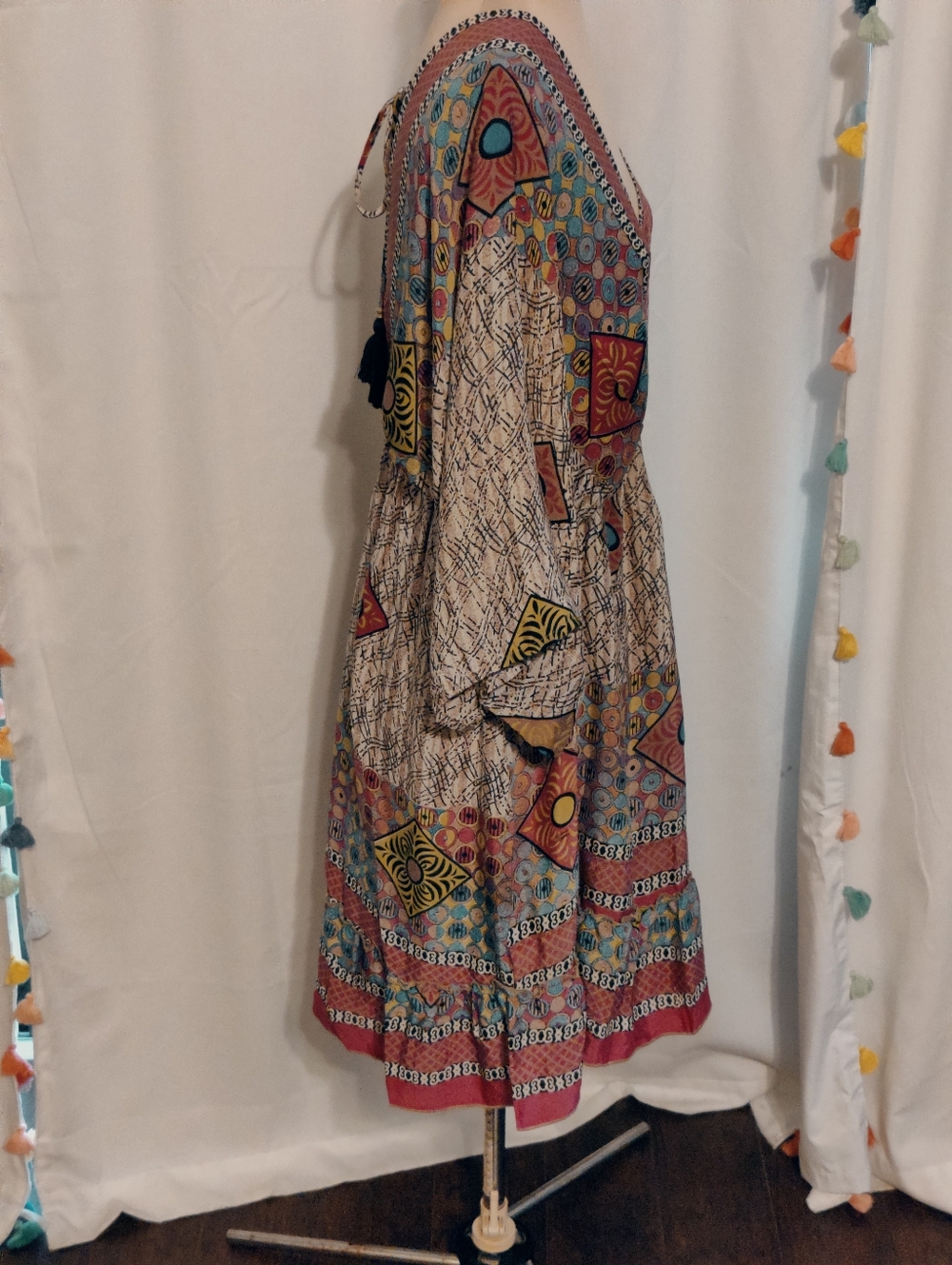 LUZ tribal Silk Kimono Dress deep V bold colors & print Resort Mini S - Picture 7 of 10